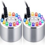 A silver circular device with a central hole, surrounded by multicolored LED lights, and connected to a black power cord.